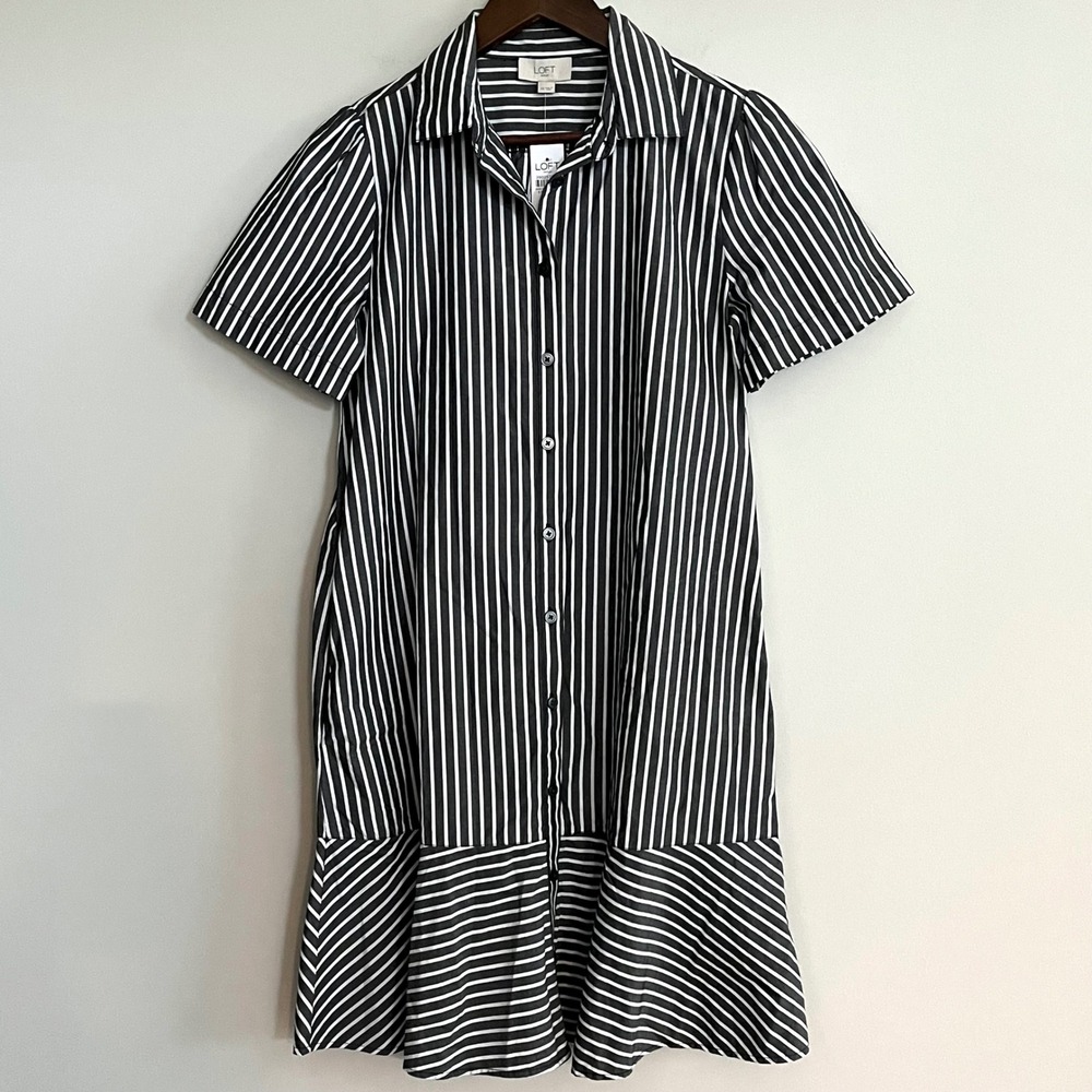 LOFT Outlet Striped Dress Gray White Short Sleeve Ruffle Hem Pockets XS NWT